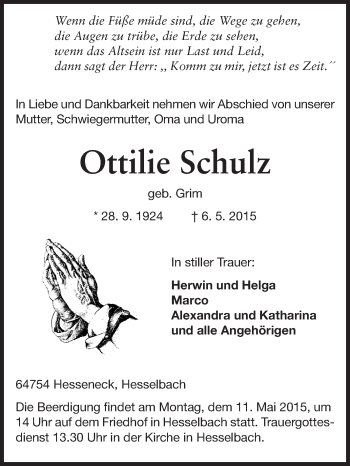 Traueranzeige von Ottilie Schulz von Odenwälder Echo