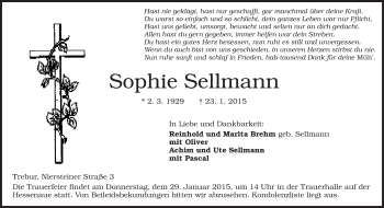 Traueranzeige von Sophie Sellmann von Rüsselsheimer Echo, Groß-Gerauer-Echo, Ried Echo