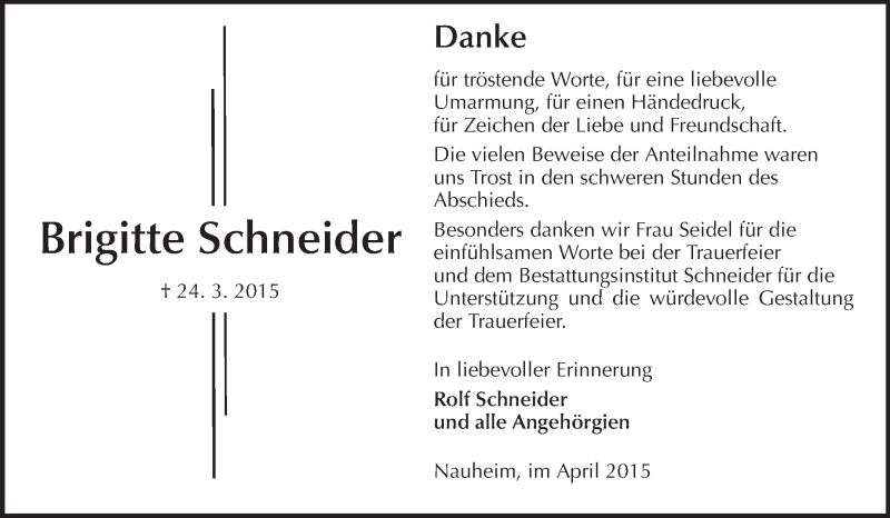  Traueranzeige für Brigitte Schneider vom 25.04.2015 aus Rüsselsheimer Echo, Groß-Gerauer-Echo, Ried Echo
