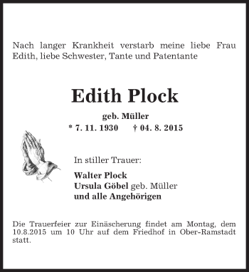 Traueranzeige von Edith Plock von trauer.echo-online.de