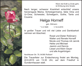 Traueranzeige von Helga Horneff von Echo-Zeitungen (Gesamtausgabe)