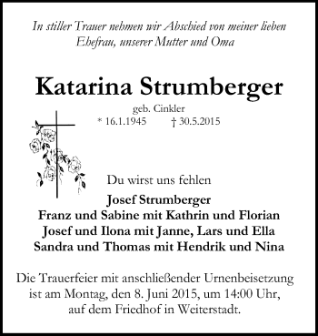 Traueranzeige von Katarina Strumberger von Echo-Zeitungen (Gesamtausgabe)