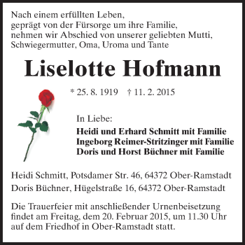 Traueranzeige von Liselotte Hofmann von Darmstädter Echo, Odenwälder Echo, Rüsselsheimer Echo, Groß-Gerauer-Echo, Ried Echo