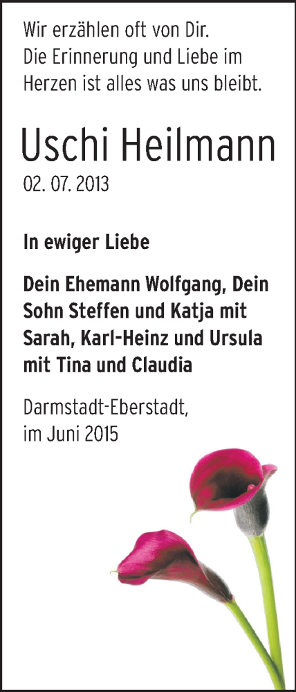  Traueranzeige für Uschi Heilmann vom 02.07.2015 aus Echo-Zeitungen (Gesamtausgabe)