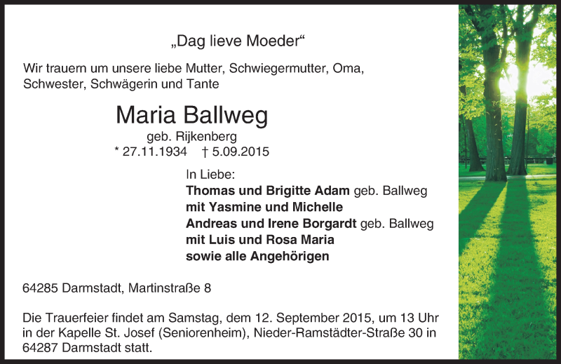  Traueranzeige für Maria Ballweg vom 11.09.2015 aus trauer.echo-online.de