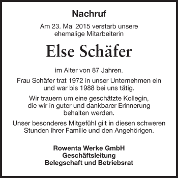Traueranzeige von Else Schäfer von Odenwälder Echo