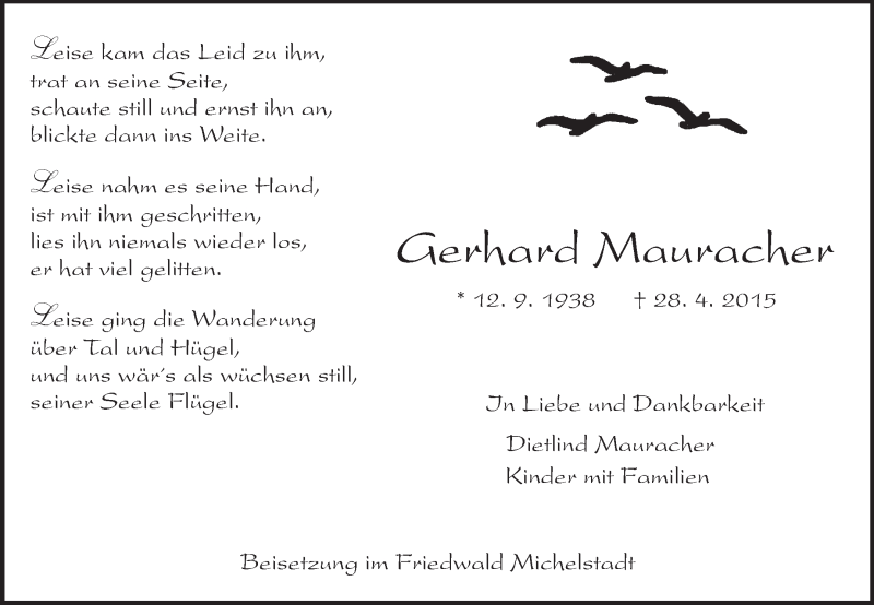  Traueranzeige für Gerhard Mauracher vom 04.05.2015 aus Rüsselsheimer Echo, Groß-Gerauer-Echo, Ried Echo