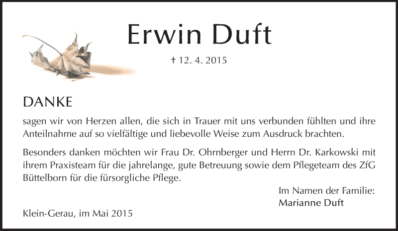  Traueranzeige für Erwin Duft vom 09.05.2015 aus Rüsselsheimer Echo, Groß-Gerauer-Echo, Ried Echo