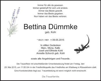 Traueranzeige von Bettina Dümmke von Rüsselsheimer Echo, Groß-Gerauer-Echo, Ried Echo