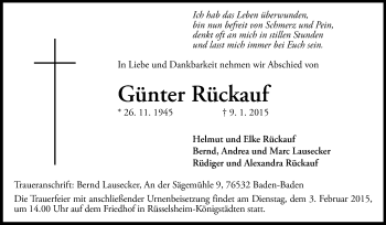 Traueranzeige von Günter Rückauf von Rüsselsheimer Echo, Groß-Gerauer-Echo, Ried Echo