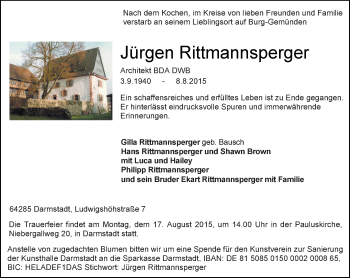 Traueranzeige von Jürgen Rittmannsperger von trauer.echo-online.de