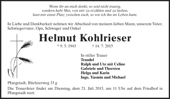 Traueranzeige von Helmut Kohlrieser von Echo-Zeitungen (Gesamtausgabe)