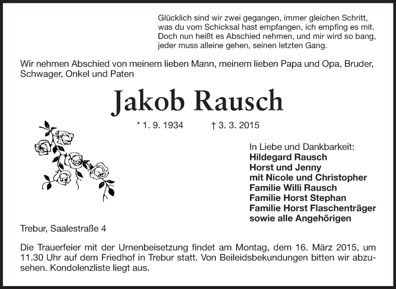  Traueranzeige für Jakob Rausch vom 12.03.2015 aus Rüsselsheimer Echo, Groß-Gerauer-Echo, Ried Echo