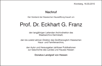 Traueranzeige von Eckhart G Franz von Echo-Zeitungen (Gesamtausgabe)