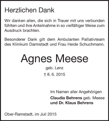Traueranzeige von Agnes Meese von Echo-Zeitungen (Gesamtausgabe)