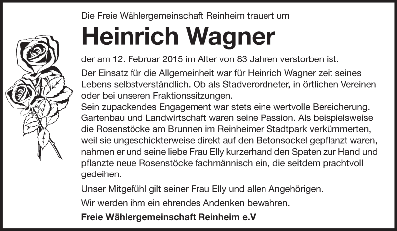  Traueranzeige für Heinrich Wagner vom 17.02.2015 aus Echo-Zeitungen (Gesamtausgabe)