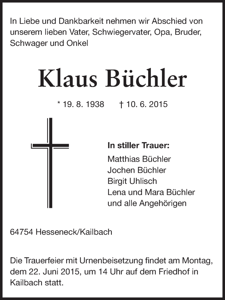  Traueranzeige für Klaus Büchler vom 18.06.2015 aus Odenwälder Echo