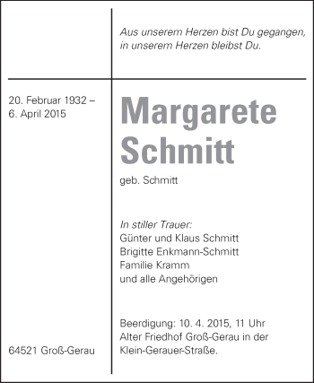 Traueranzeige von Margarete Schmitt von Echo-Zeitungen (Gesamtausgabe)