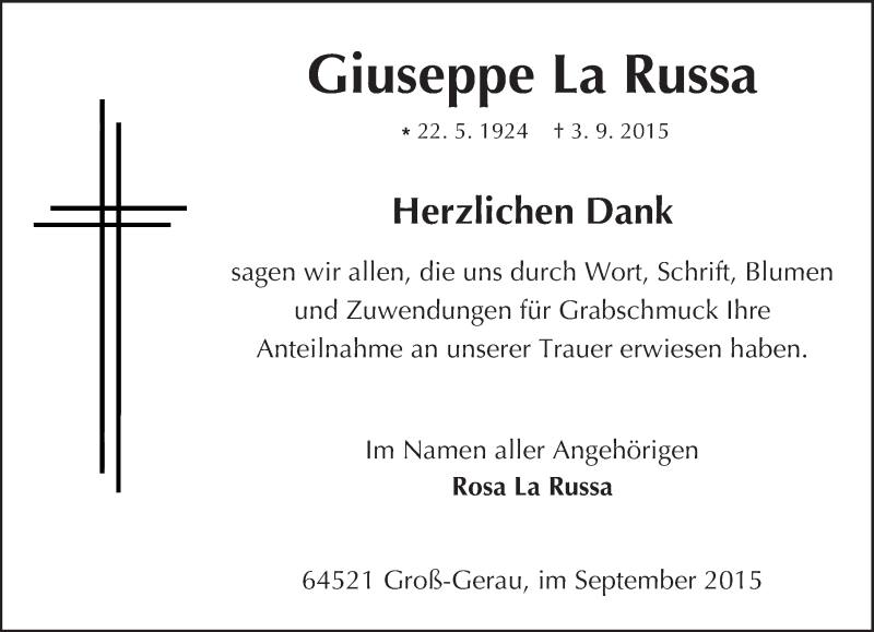  Traueranzeige für Giuseppe La Russa vom 19.09.2015 aus trauer.echo-online.de