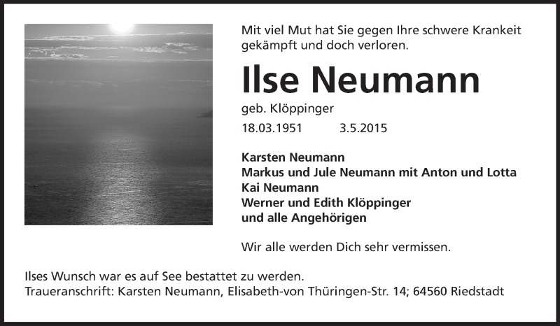  Traueranzeige für Ilse Neumann vom 06.05.2015 aus Echo-Zeitungen (Gesamtausgabe)