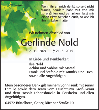 Traueranzeige von Gerlinde Nold von Rüsselsheimer Echo, Groß-Gerauer-Echo, Ried Echo