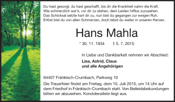 Traueranzeige von Hans Mahla von Odenwälder Echo