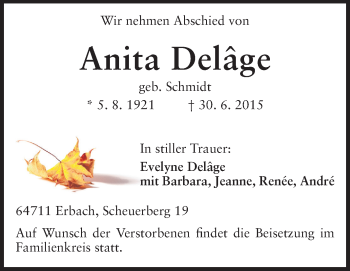 Traueranzeige von Anita Delage von Odenwälder Echo
