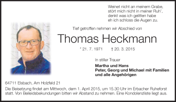 Traueranzeige von Thomas Heckmann von Odenwälder Echo