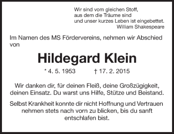 Traueranzeige von Hildegard Klein von Odenwälder Echo