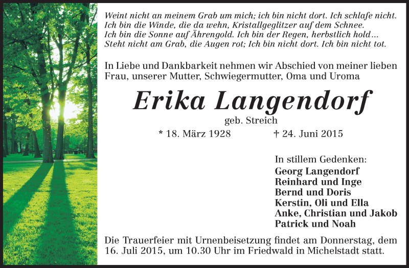 Traueranzeige für Erika Langendorf vom 11.07.2015 aus Echo-Zeitungen (Gesamtausgabe)