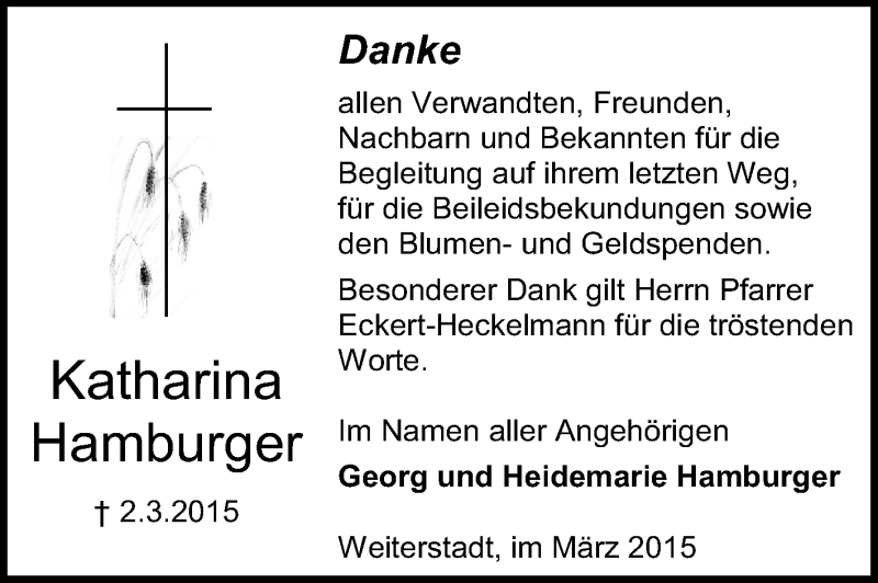  Traueranzeige für Katharina Hamburger vom 18.03.2015 aus Echo-Zeitungen (Gesamtausgabe)