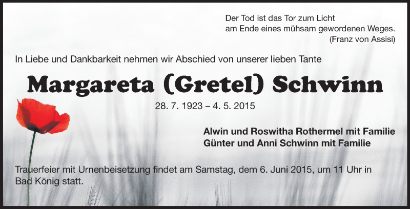  Traueranzeige für Margaretes Schwinn vom 03.06.2015 aus Odenwälder Echo