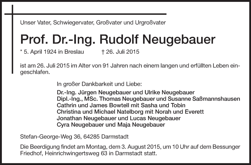  Traueranzeige für Rudolf Neugebauer vom 29.07.2015 aus Echo-Zeitungen (Gesamtausgabe)