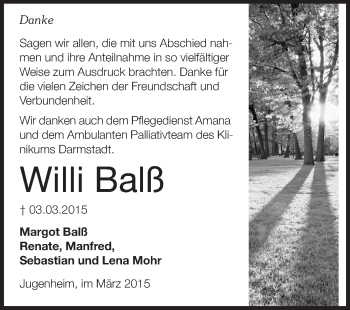 Traueranzeige von Willi Balß von Echo-Zeitungen (Gesamtausgabe)