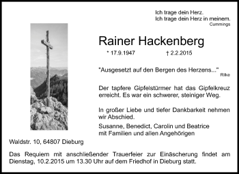 Traueranzeige von Rainer Hackenberg von Echo-Zeitungen (Gesamtausgabe)