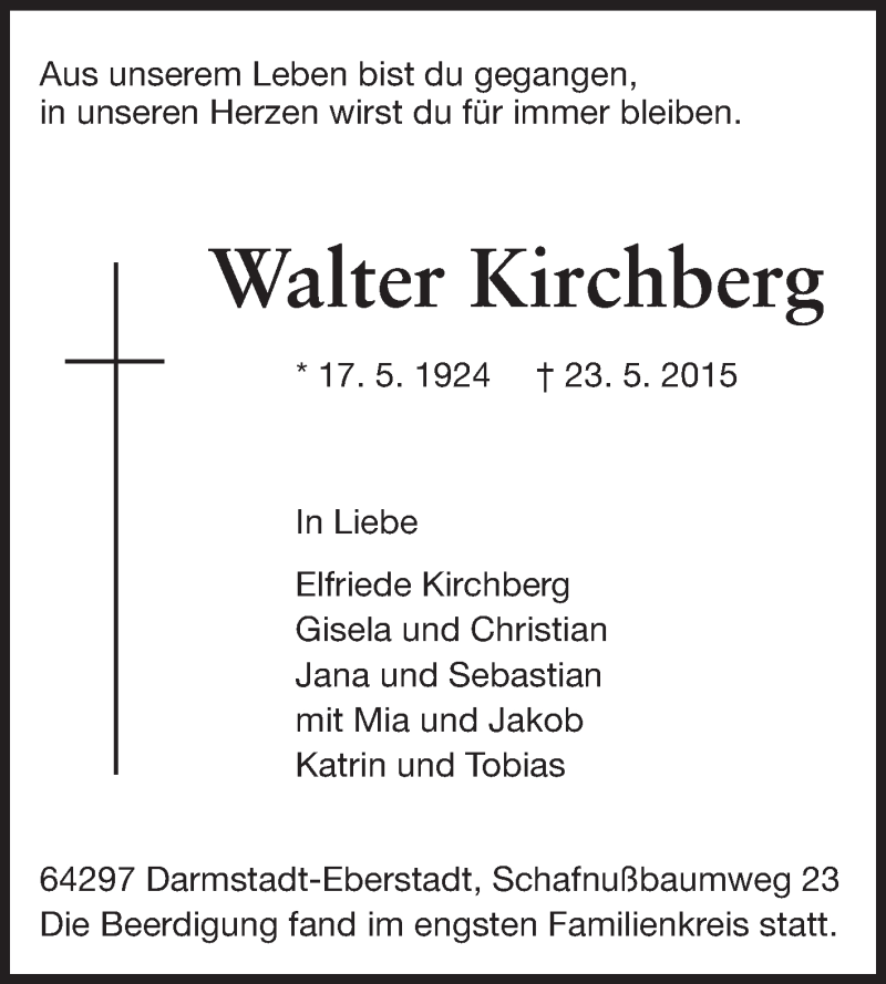  Traueranzeige für Walter Kirchberg vom 30.05.2015 aus Echo-Zeitungen (Gesamtausgabe)