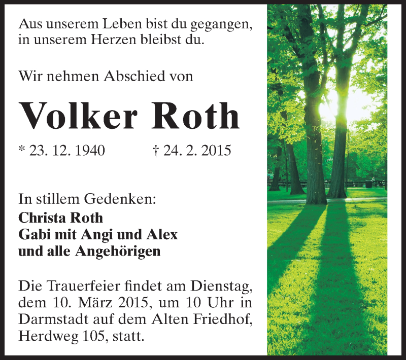  Traueranzeige für Volker Roth vom 28.02.2015 aus Echo-Zeitungen (Gesamtausgabe)