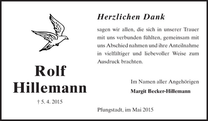  Traueranzeige für Rolf Hillemann vom 06.05.2015 aus Echo-Zeitungen (Gesamtausgabe)