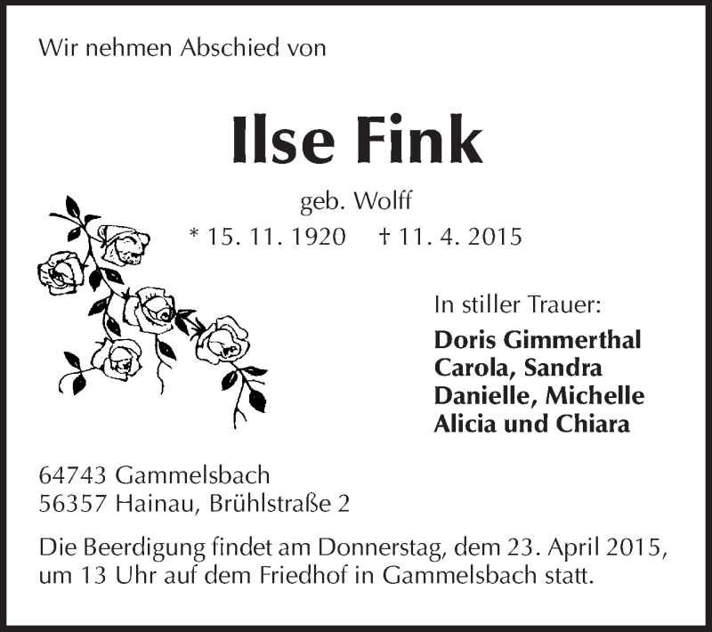  Traueranzeige für Ilse Fink vom 20.04.2015 aus Odenwälder Echo