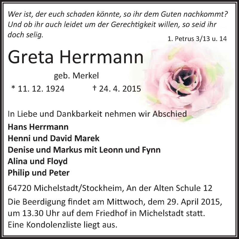  Traueranzeige für Greta Herrmann vom 28.04.2015 aus Odenwälder Echo