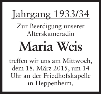 Traueranzeige von Maria Weis von Starkenburger Echo