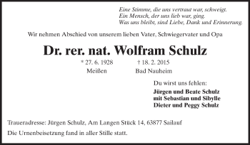 Traueranzeige von Wolfram Schulz von Echo-Zeitungen (Gesamtausgabe)