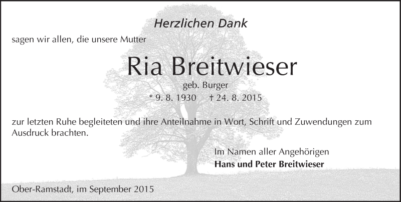  Traueranzeige für Ria Breitwieser vom 19.09.2015 aus trauer.echo-online.de