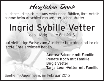 Traueranzeige von Ingrid Sybille Vetter von Echo-Zeitungen (Gesamtausgabe)