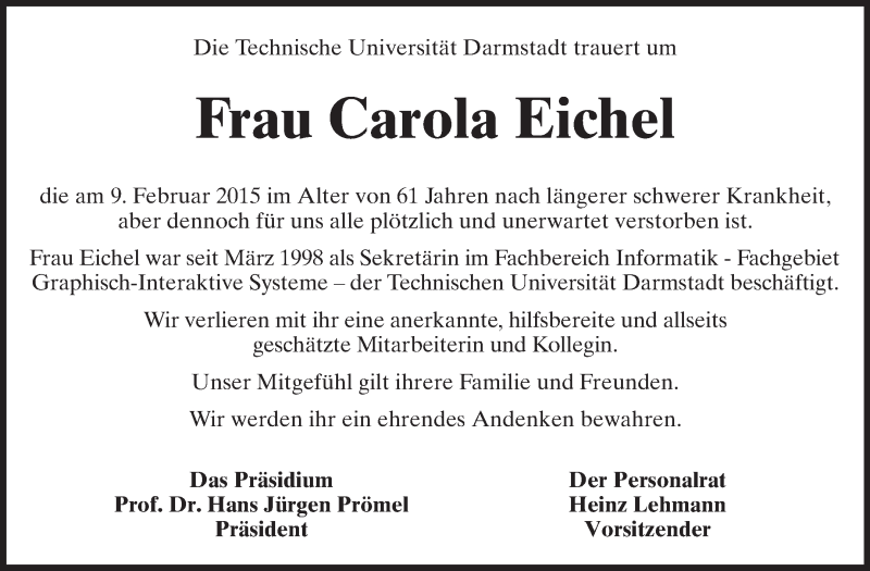  Traueranzeige für Carola Eichel vom 14.02.2015 aus Echo-Zeitungen (Gesamtausgabe)