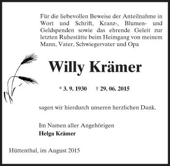 Traueranzeige von Willy Krämer von trauer.echo-online.de