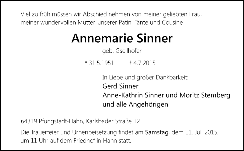  Traueranzeige für Annemarie Sinner vom 09.07.2015 aus Echo-Zeitungen (Gesamtausgabe)
