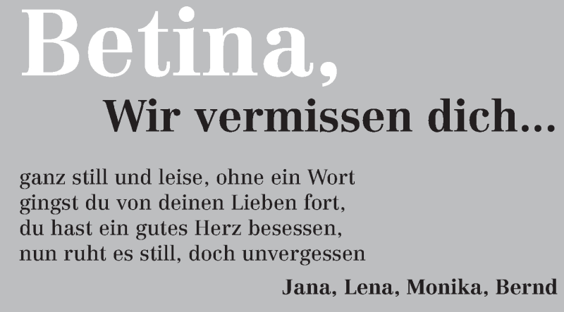  Traueranzeige für Betina  vom 06.02.2015 aus Odenwälder Echo
