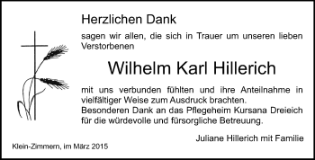 Traueranzeige von Wilhelm Karl Hillerich von Echo-Zeitungen (Gesamtausgabe)