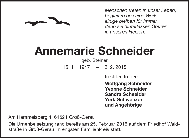  Traueranzeige für Annemarie Schneider vom 06.03.2015 aus Rüsselsheimer Echo, Groß-Gerauer-Echo, Ried Echo